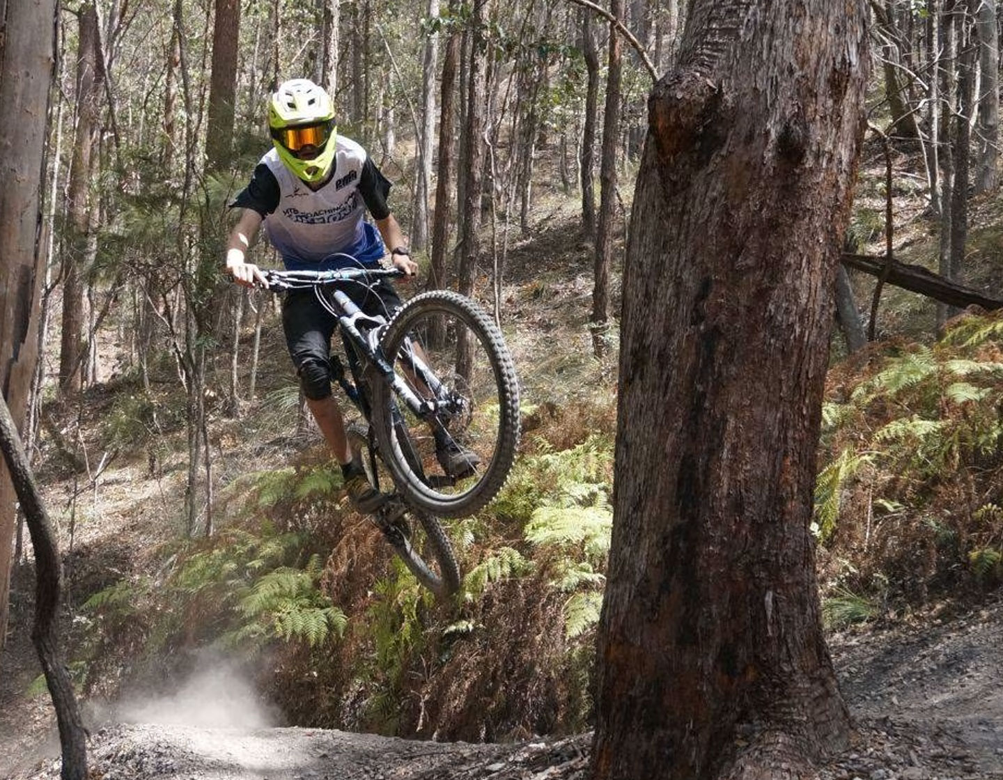 Rider jumping on a hinterland mountain bike trail during a shuttle day